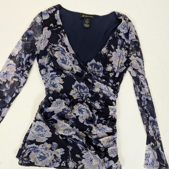 INC Long Sleeve Navy Top V-Neck Plunge Neckline Floral Mesh Lined Fitted - Picture 3 of 10